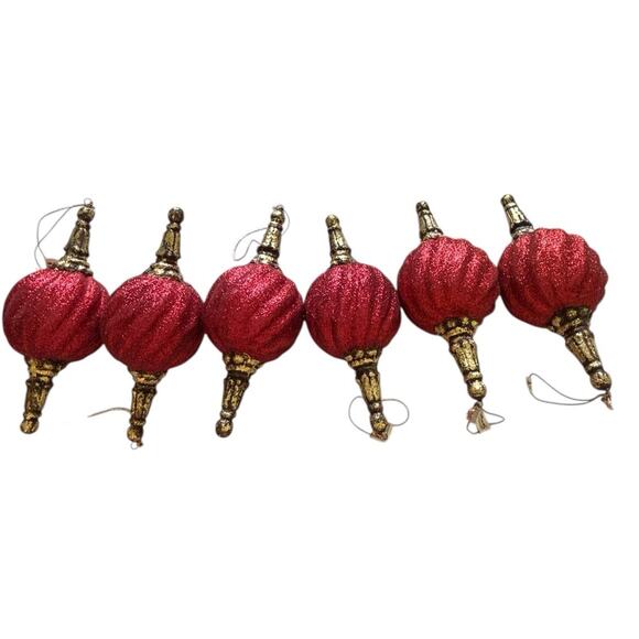 6 Katherine's Christmas Collection Red Glitter Swirl Ornaments W Gold Tips Base - Picture 7 of 10